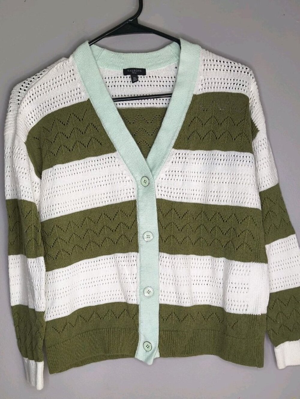 Talbots Large Green White Striped Sweater Size Medium Petite Linen/Cotton Blend
